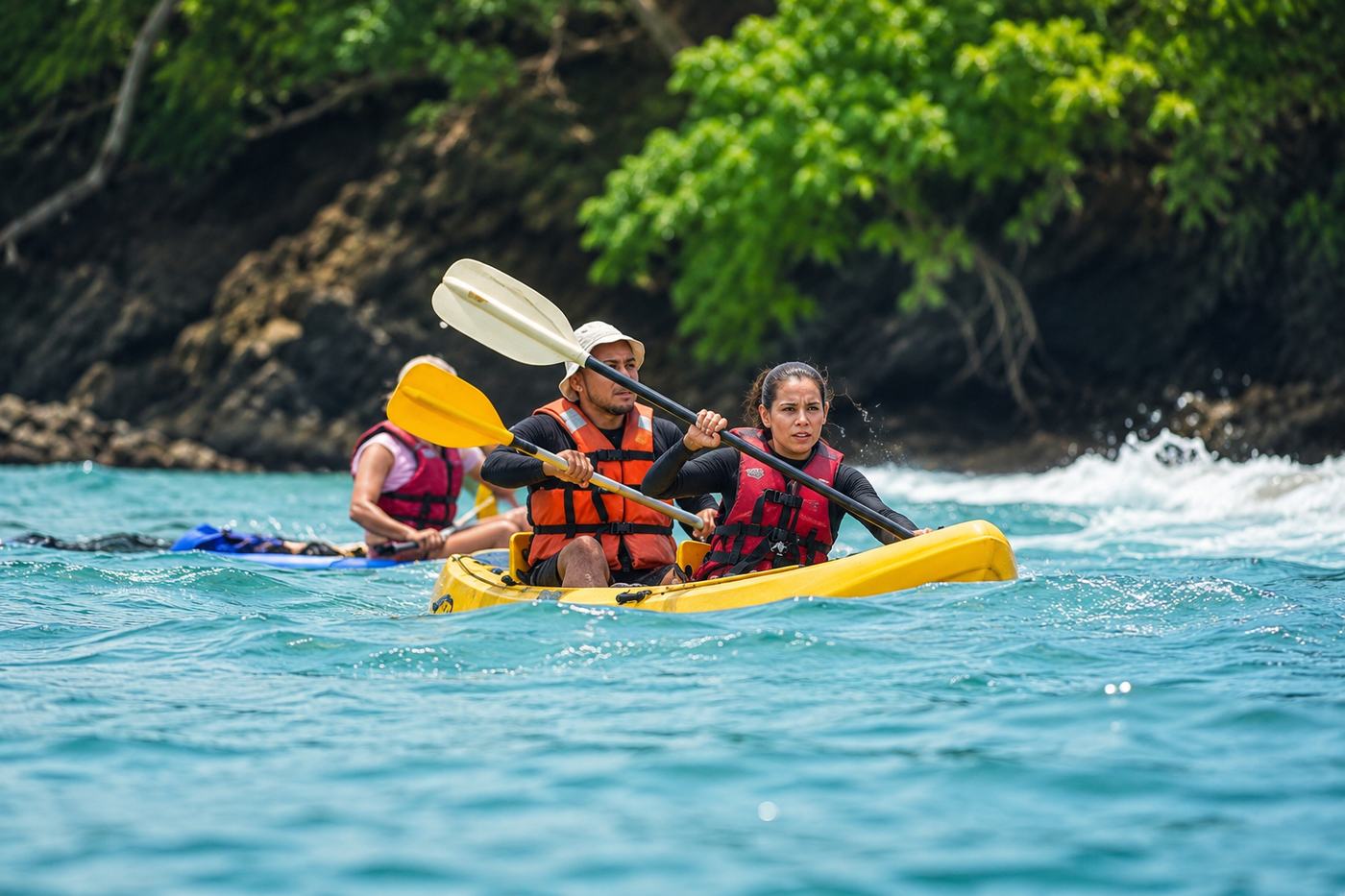 Guests sea kayaking along the Manuel Antonio coastline