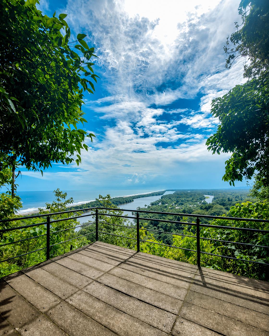 Scenic overlook of the Tortuguero canal meeting the Caribbean Sea, framed by rainforest